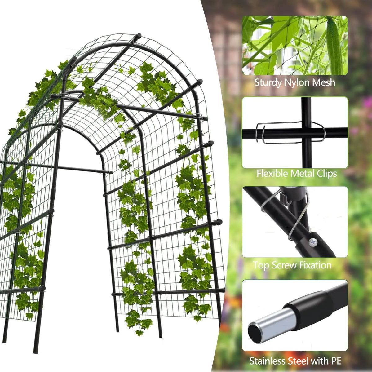 Metal Garden Arch Trellis With Netting For Climbing Plants
