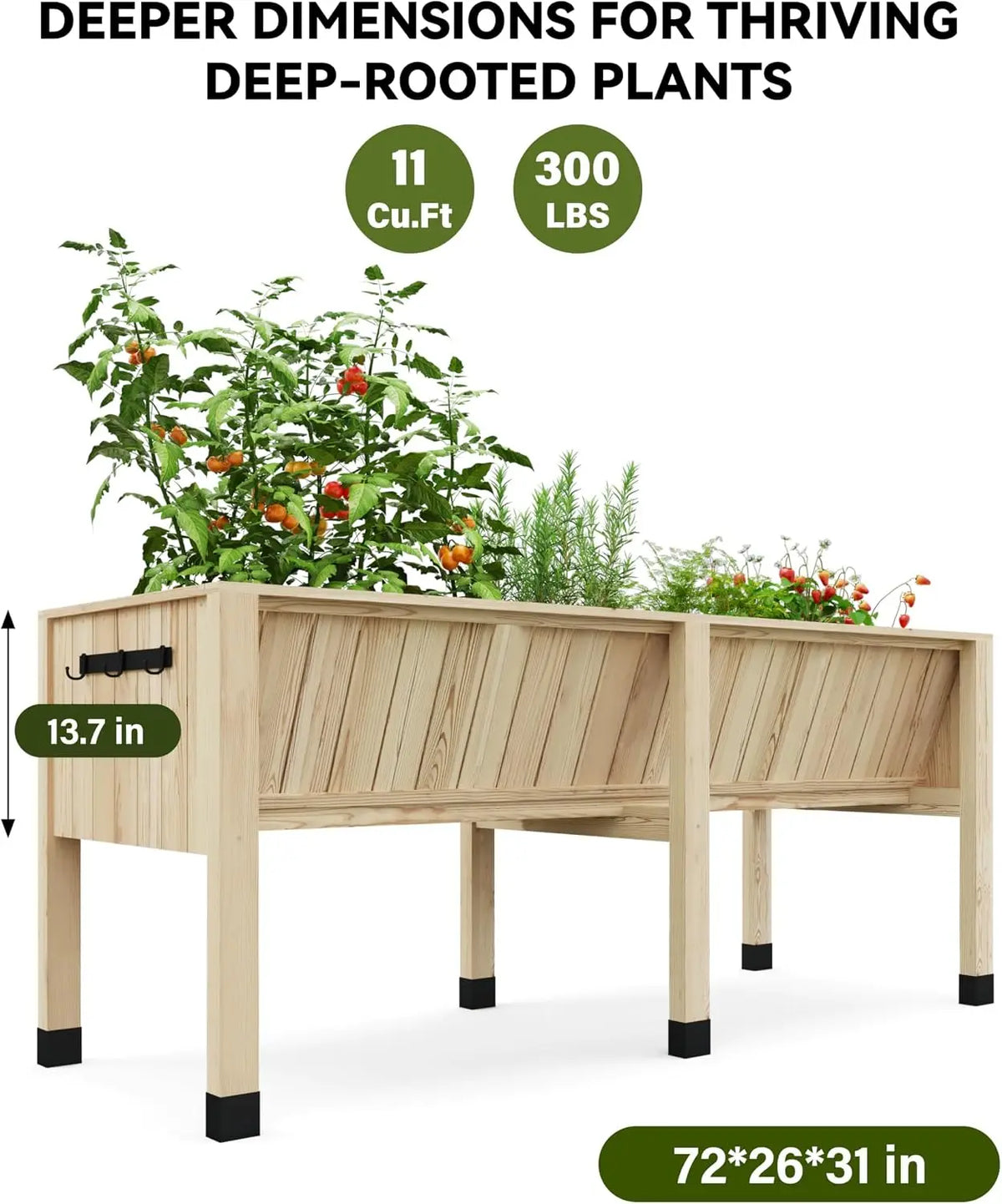 Wood Raised Garden Planter Box With Hooks For Home Gardening