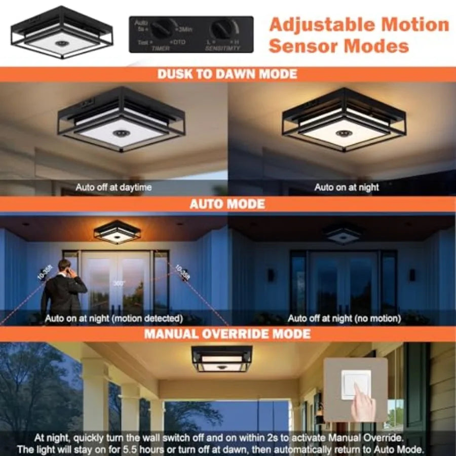 LED Motion Sensor Outdoor Flush Mount Ceiling Light Fixture