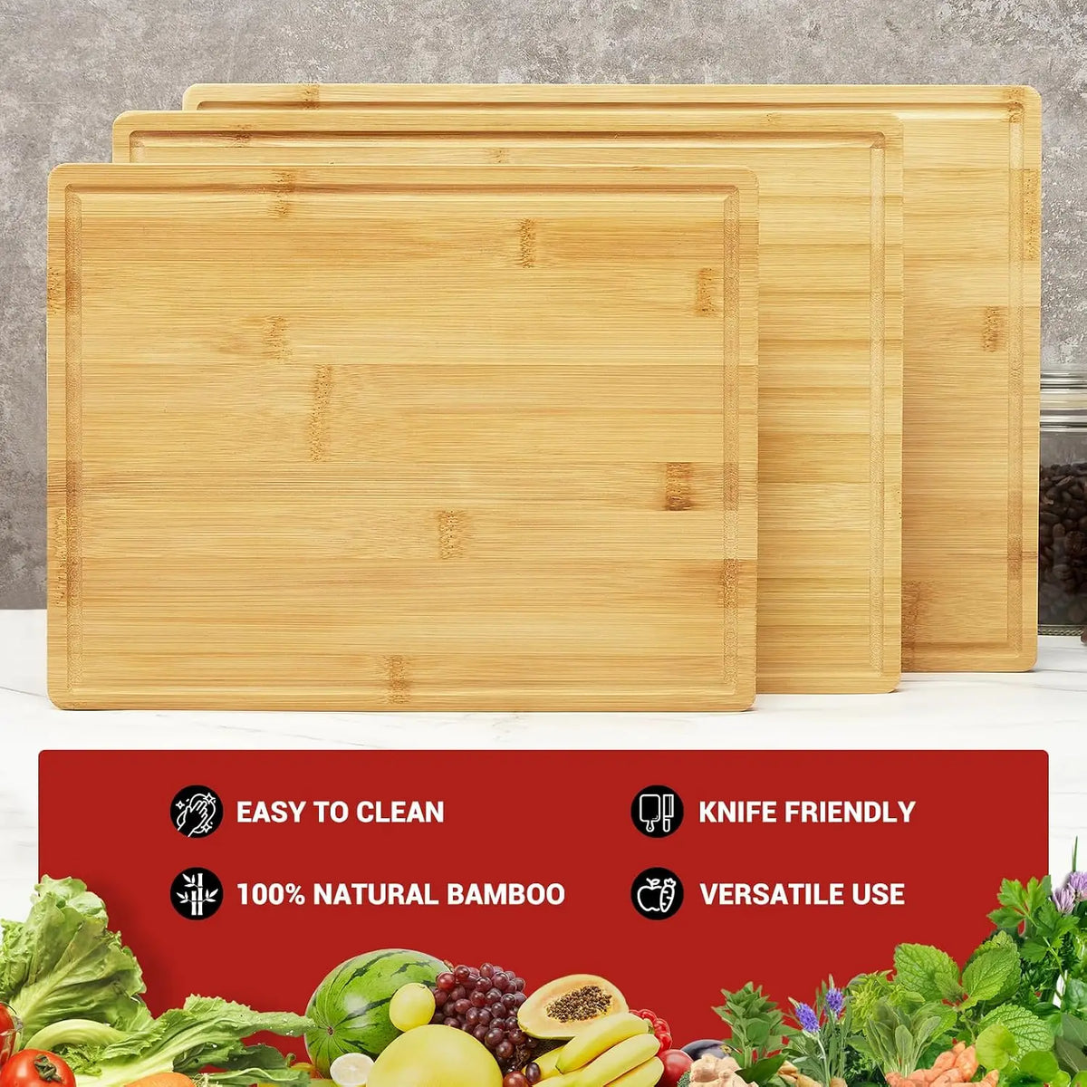 Natural Bamboo Cutting Boards Set With Juice Grooves And Stand