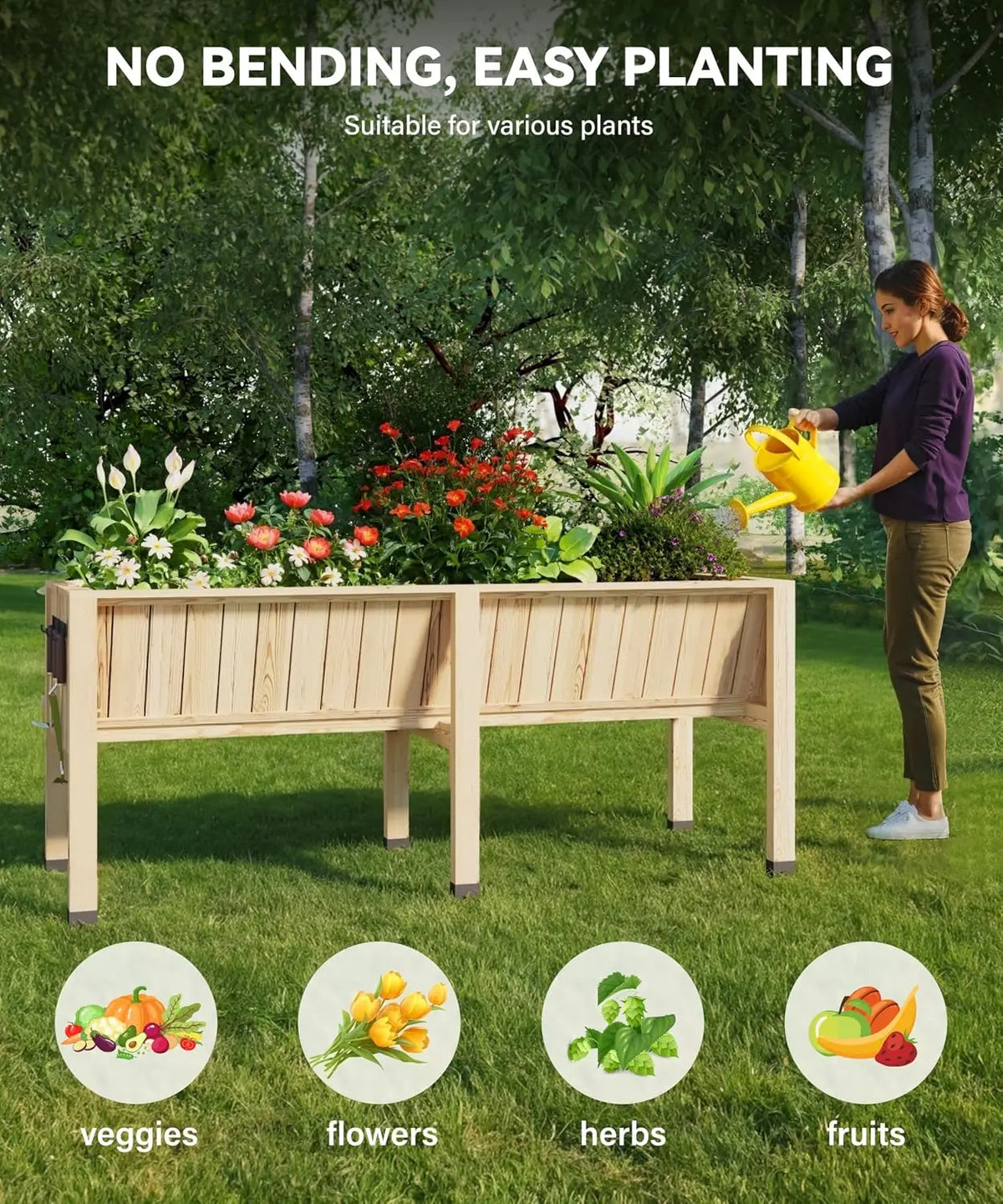 Wood Raised Garden Planter Box With Hooks For Home Gardening