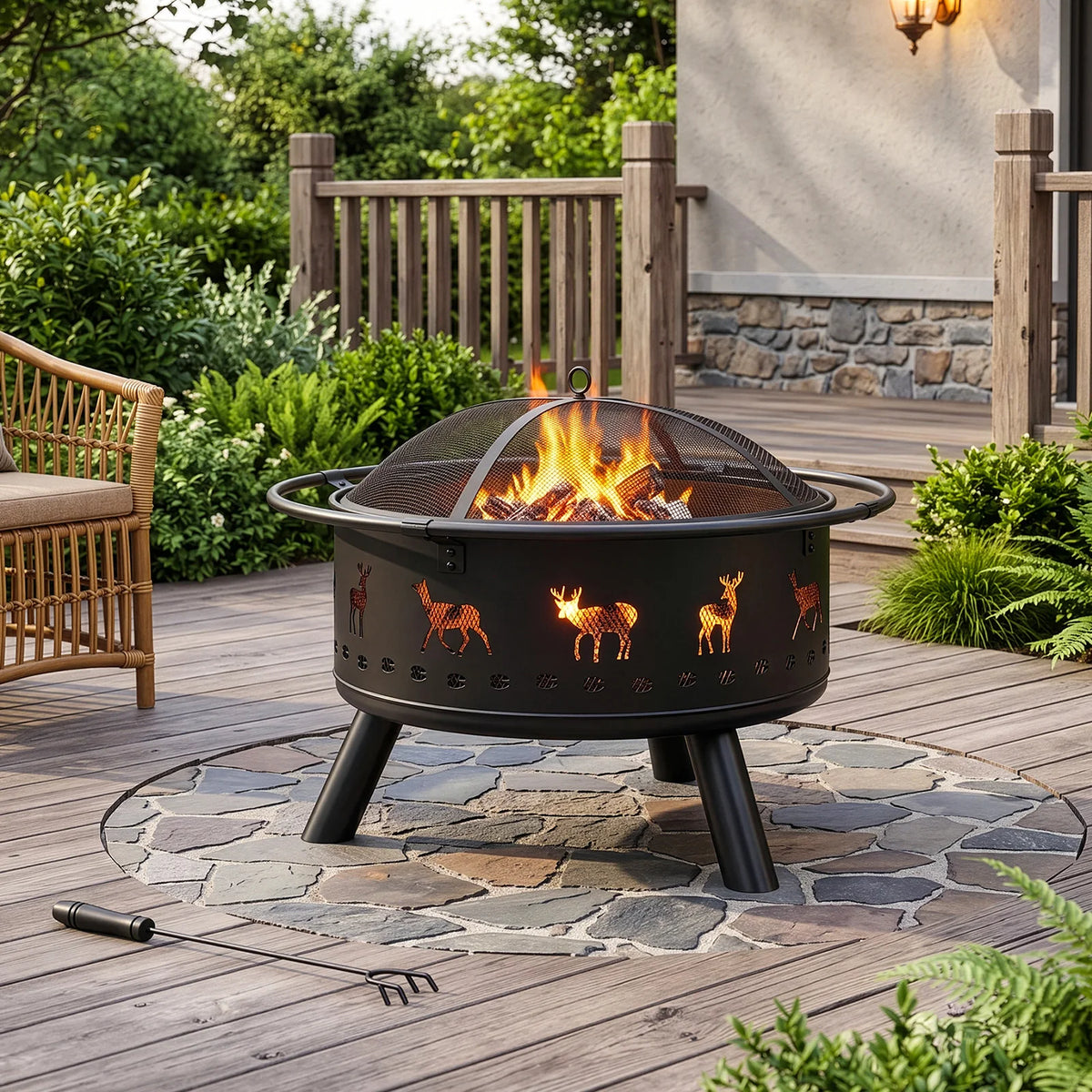 Outdoor Wood Burning Fire Pit With Hinged Spark Screen Lid