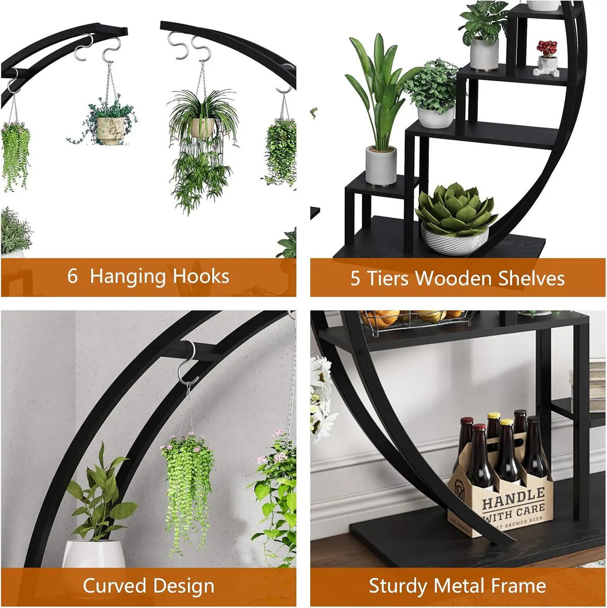 TWISTER.CK Metal Five Tier Plant Stand With Hanging Hooks