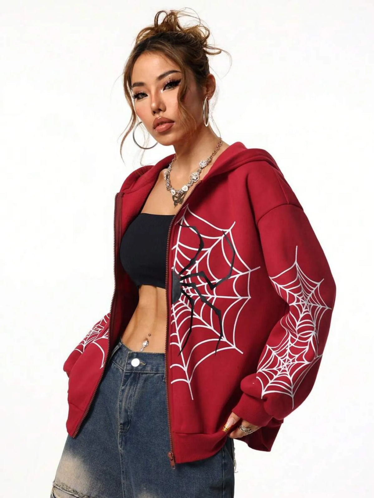 Spider Web Print Unisex Zip Up Hoodie Soft Casual Knit
