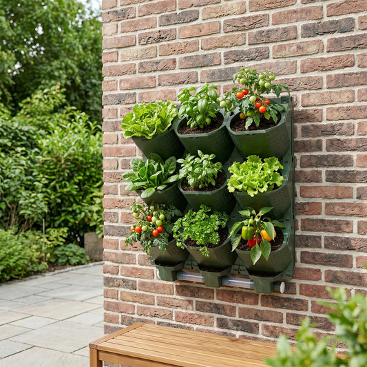 Modular Vertical Wall Planter With Nine Pots And Drainage Trays