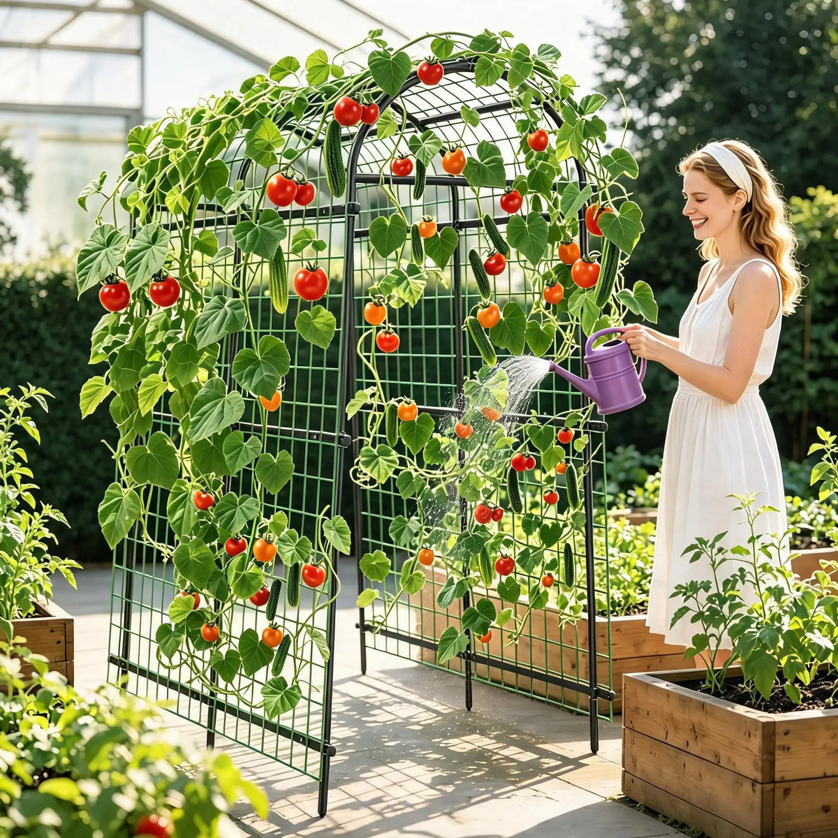 Metal Garden Arch Trellis With Netting For Climbing Plants