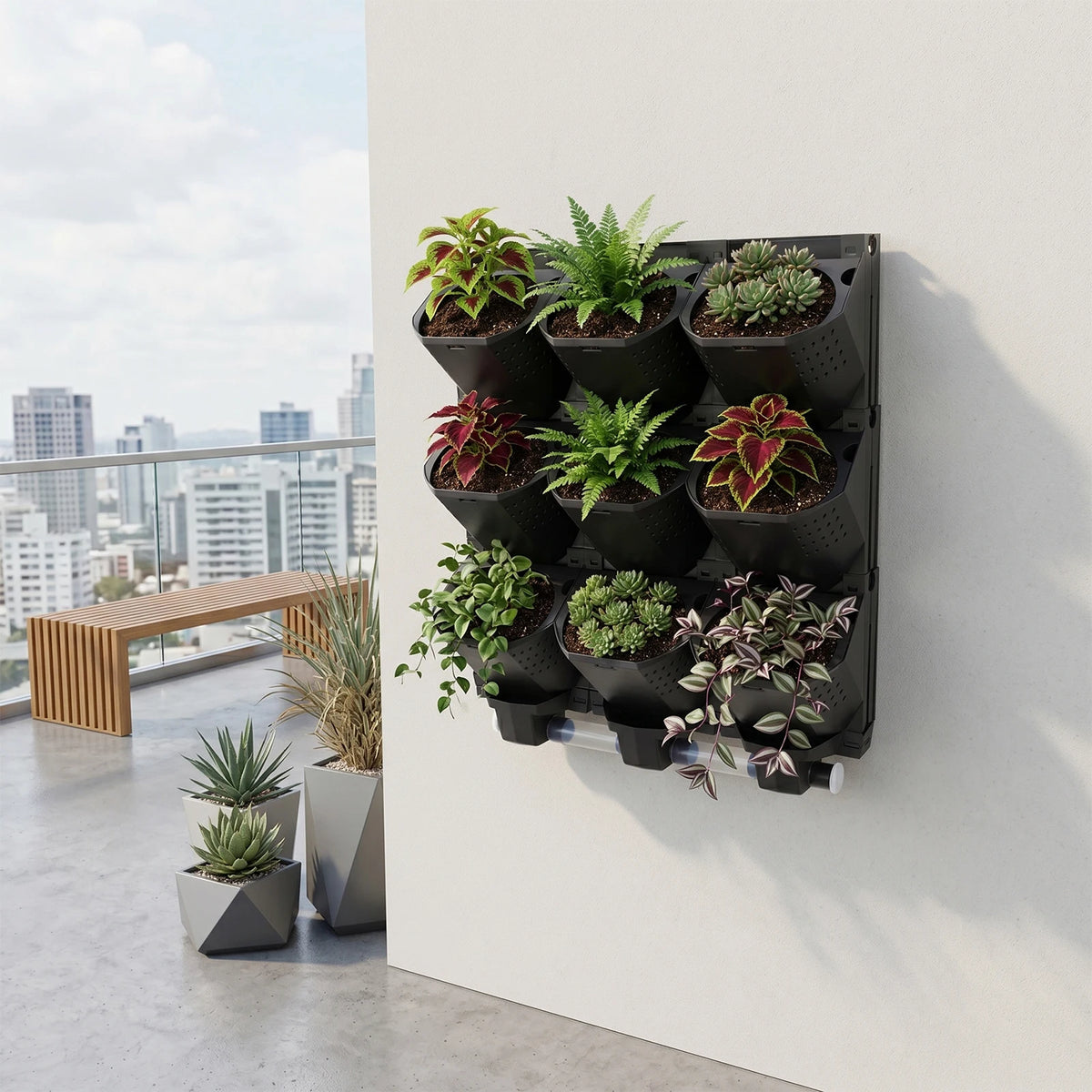 Modular Vertical Wall Planter With Nine Pots And Drainage Trays