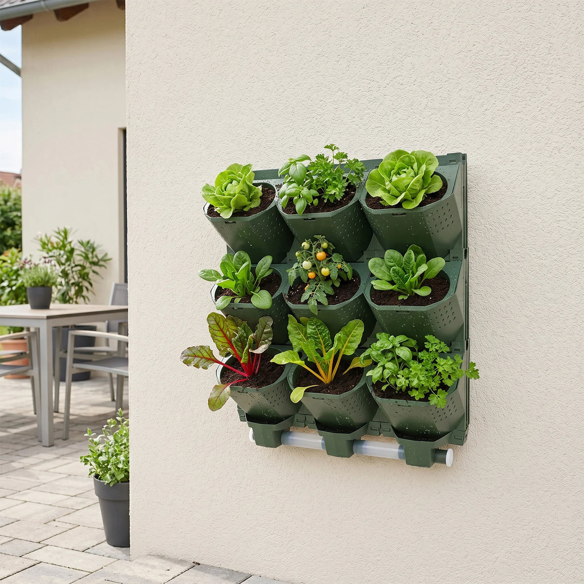 Modular Vertical Wall Planter With Nine Pots And Drainage Trays