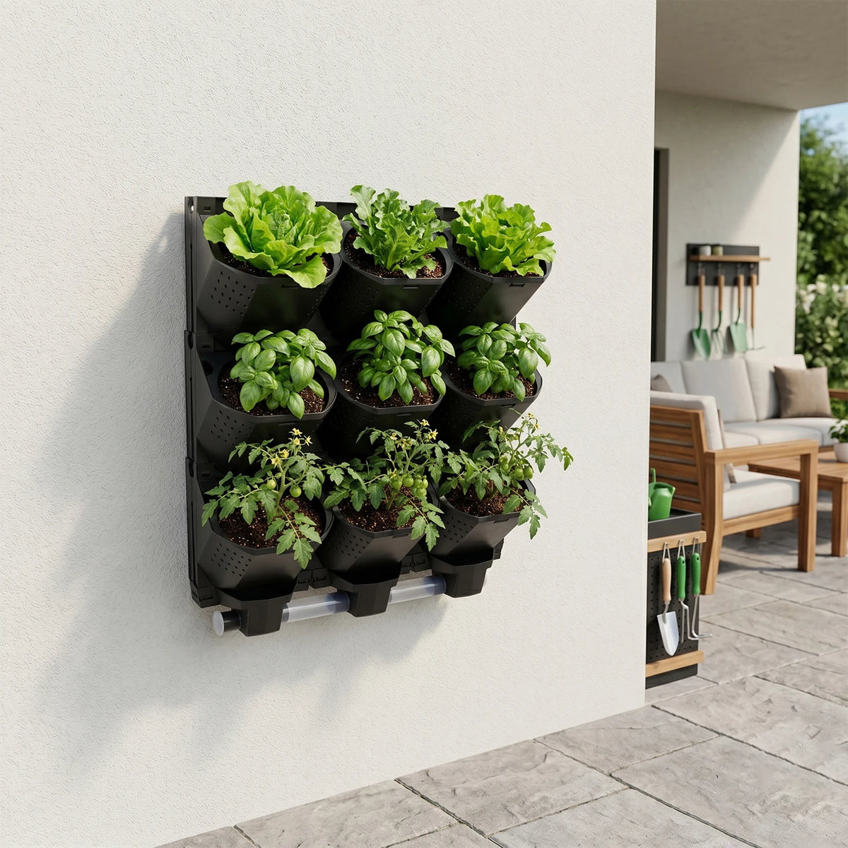 Modular Vertical Wall Planter With Nine Pots And Drainage Trays