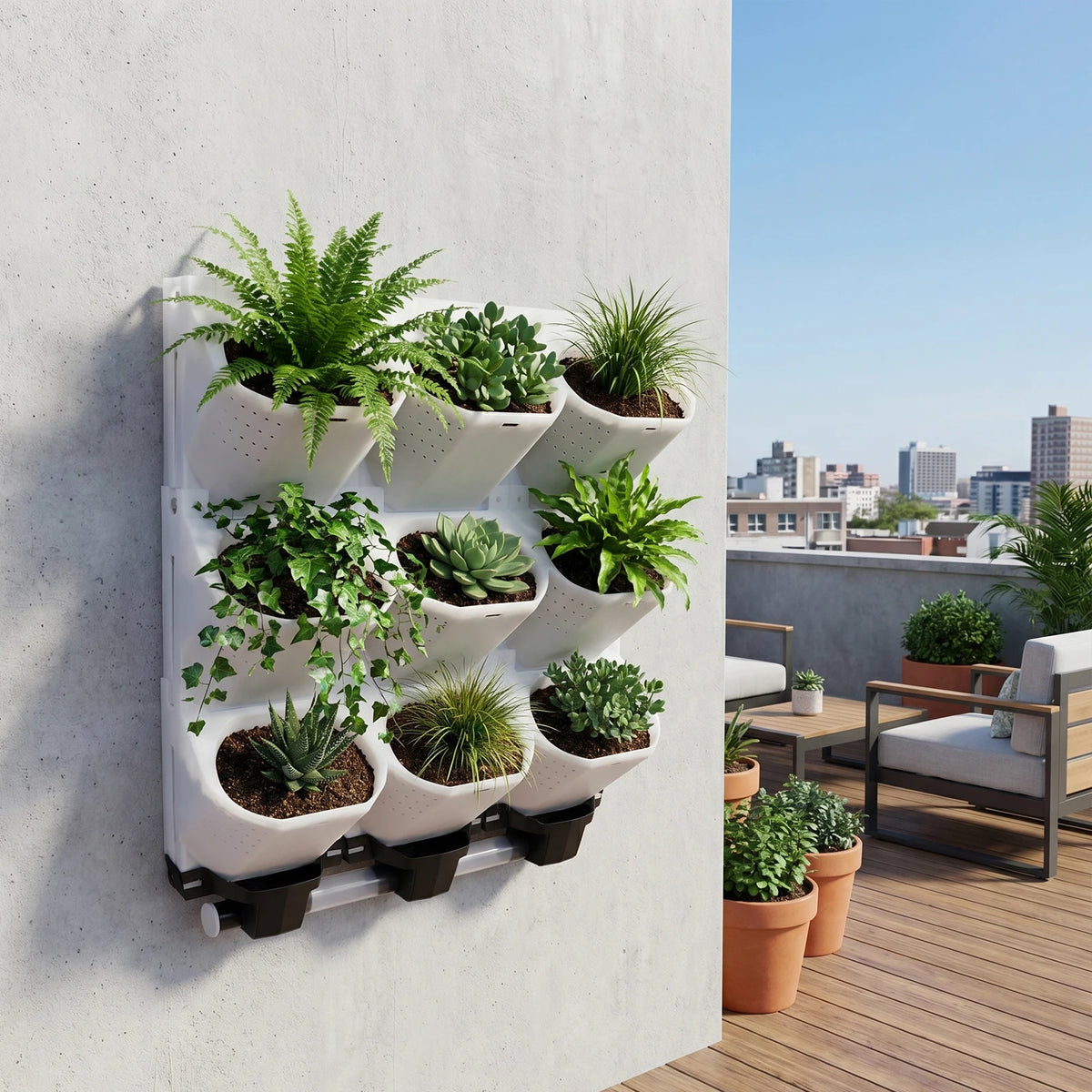Modular Vertical Wall Planter With Nine Pots And Drainage Trays