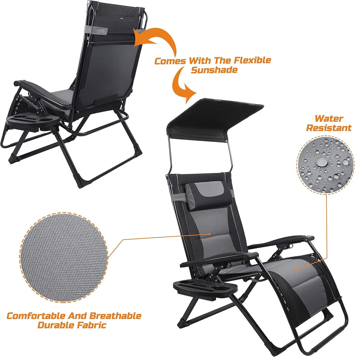 Zero Gravity Reclining Folding Chair With Sunshade For Outdoors