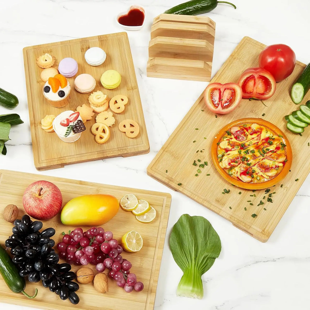 Natural Bamboo Cutting Boards Set With Juice Grooves And Stand