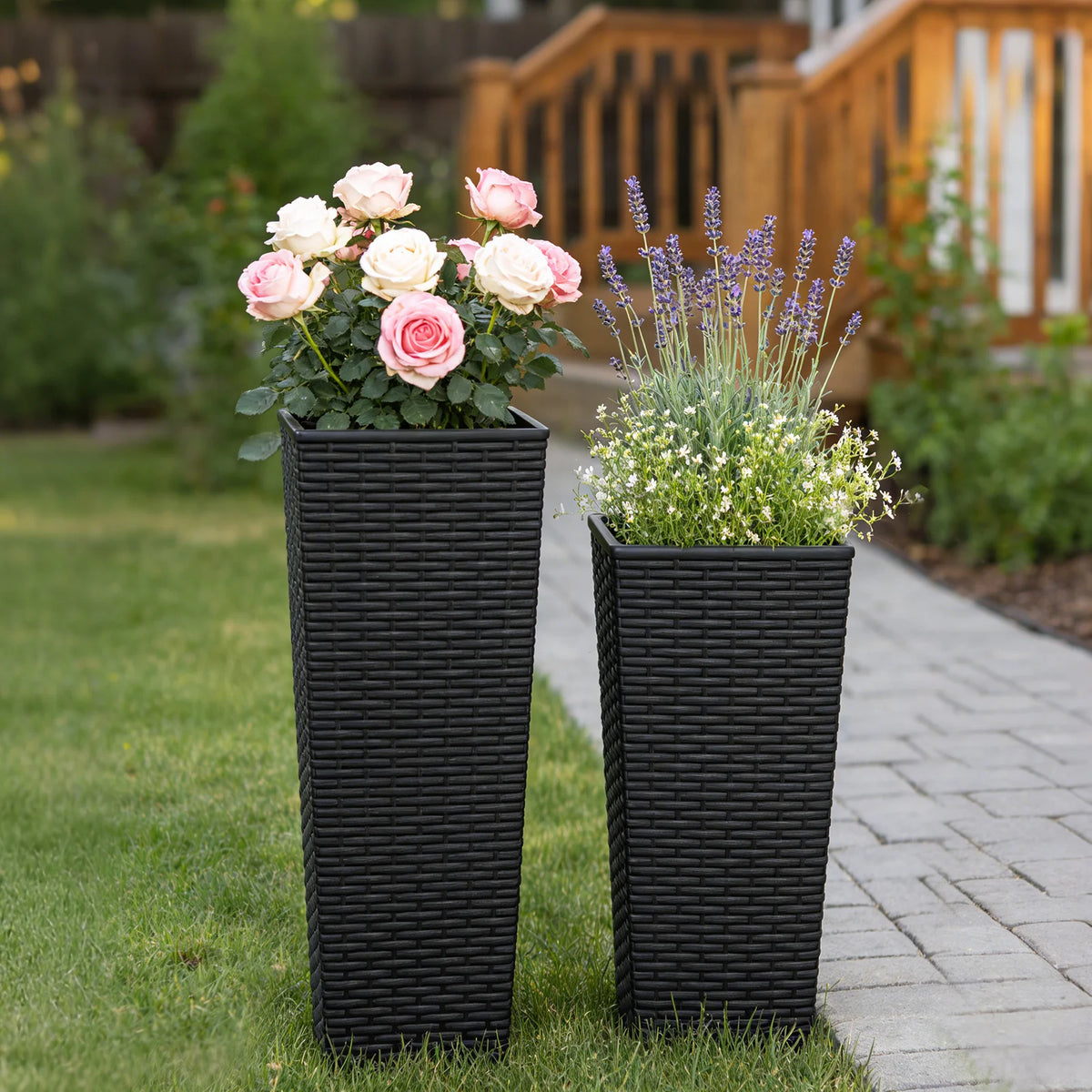 Romellar Modern Resin Rattan Texture Tall Planter Pots With Drainage