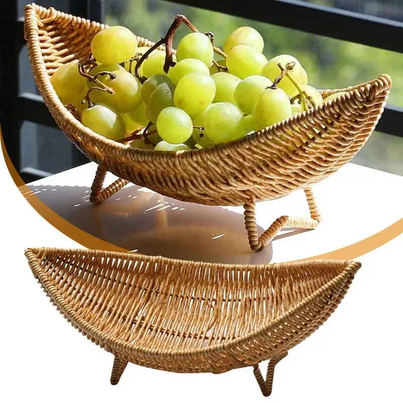 Hand Woven Imitation Rattan Fruit Basket Home Kitchen Storage