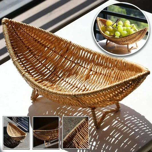 Hand Woven Imitation Rattan Fruit Basket Home Kitchen Storage