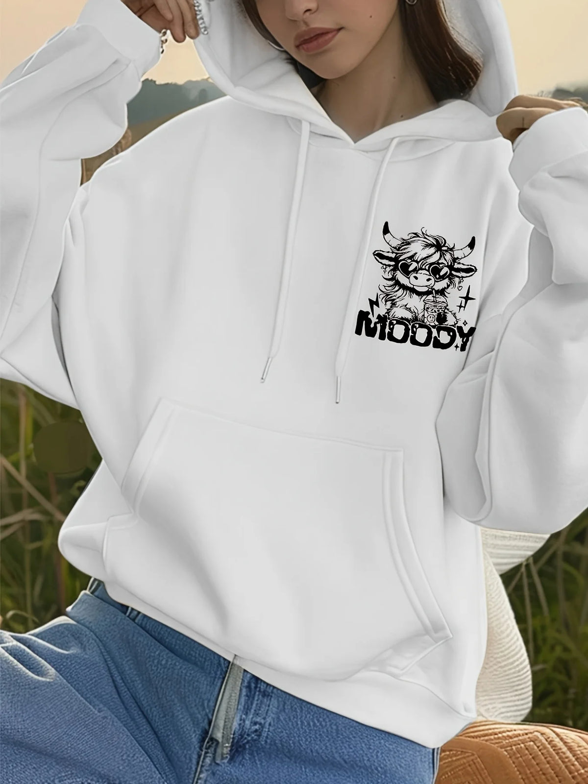 Women's Cotton Cartoon Cow Print Hoodie Pullover Sweatshirt