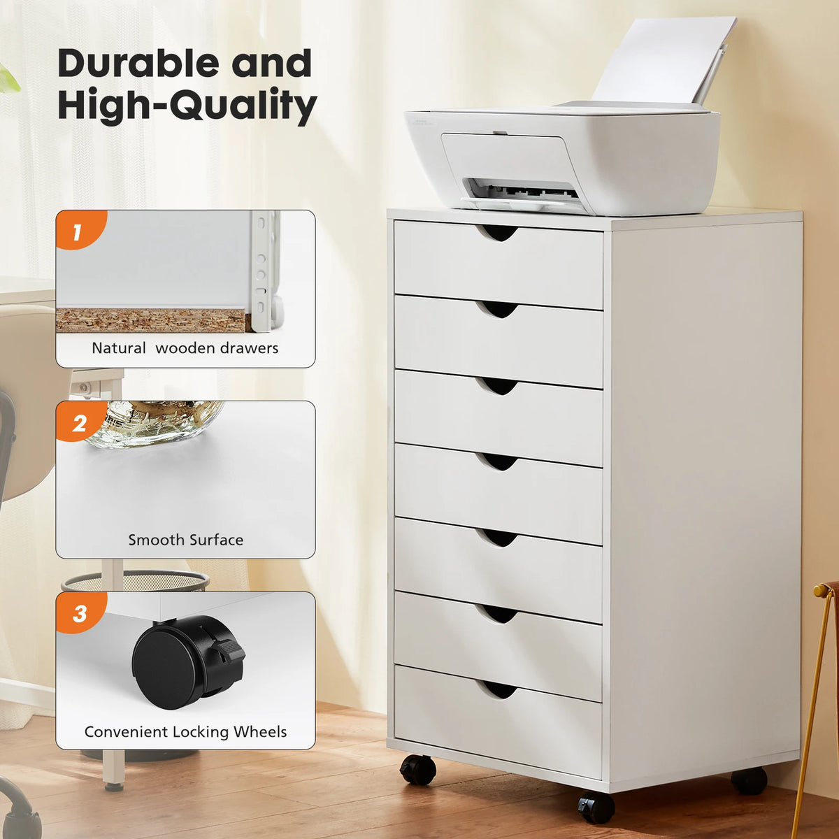 JHK 7 Drawer Wooden Storage Cabinet With Wheels Organizer