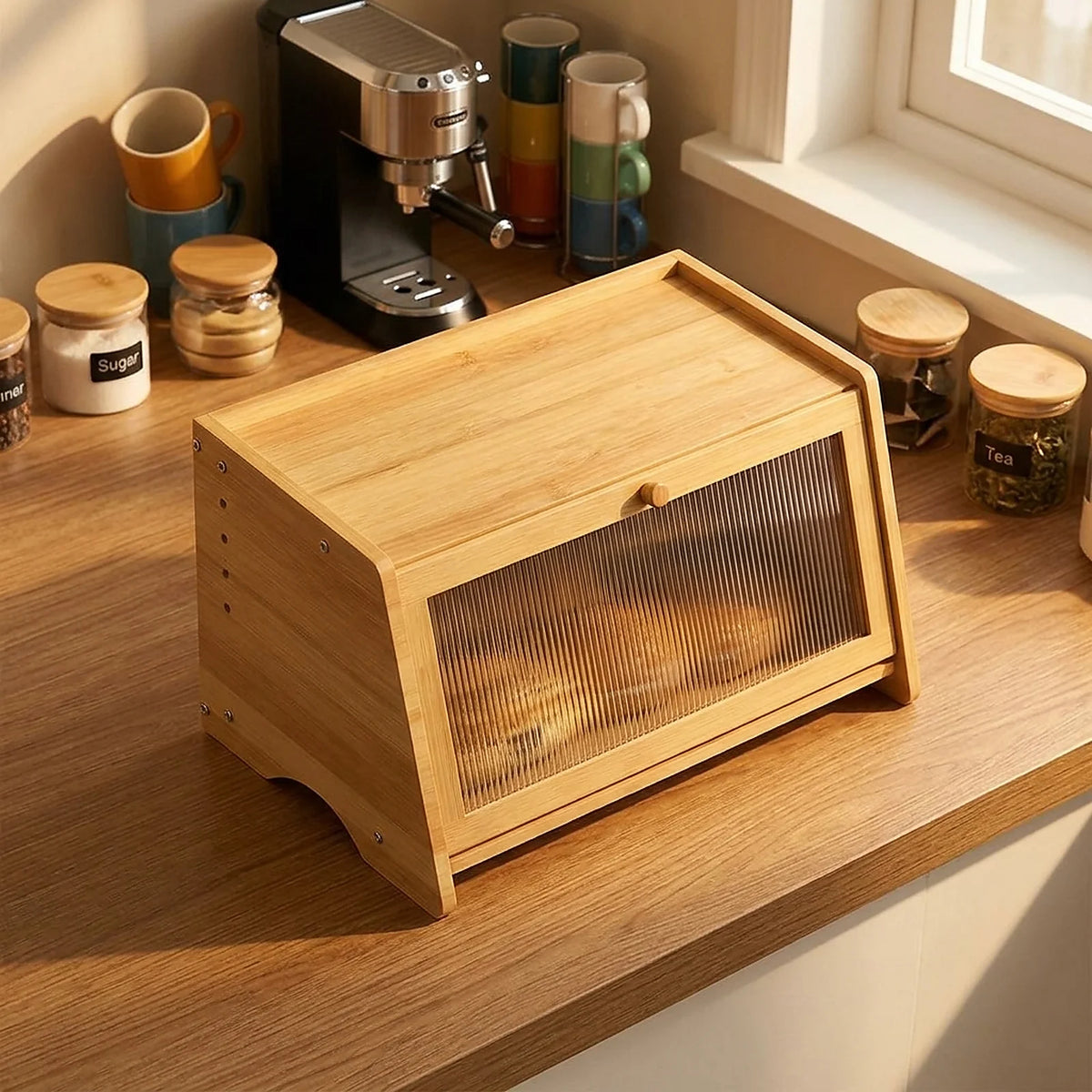 Single Tier Farmhouse Bamboo Bread Box for Kitchen Countertop