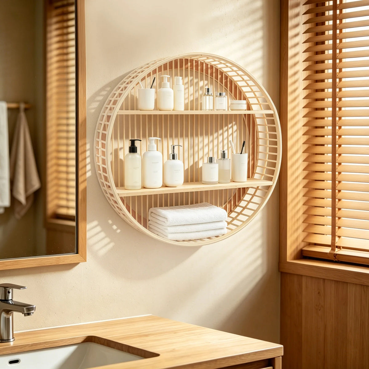 Round Two Tier Bamboo Wall Shelf For Home Display Storage