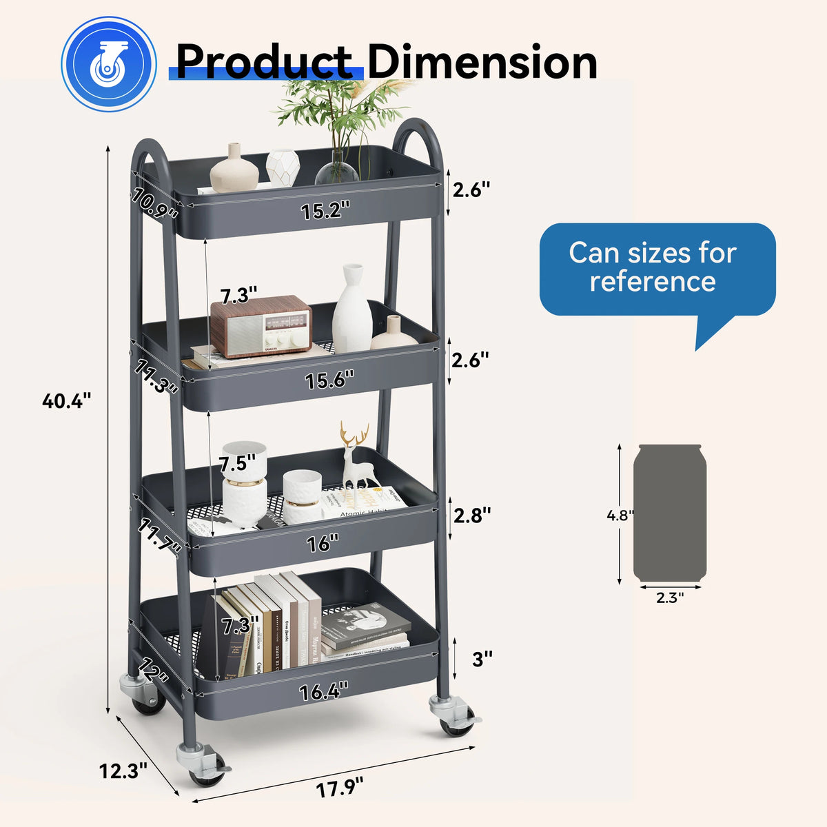 JHK 4-Tier Rolling Storage Cart with Lockable Wheels Shelf Unit