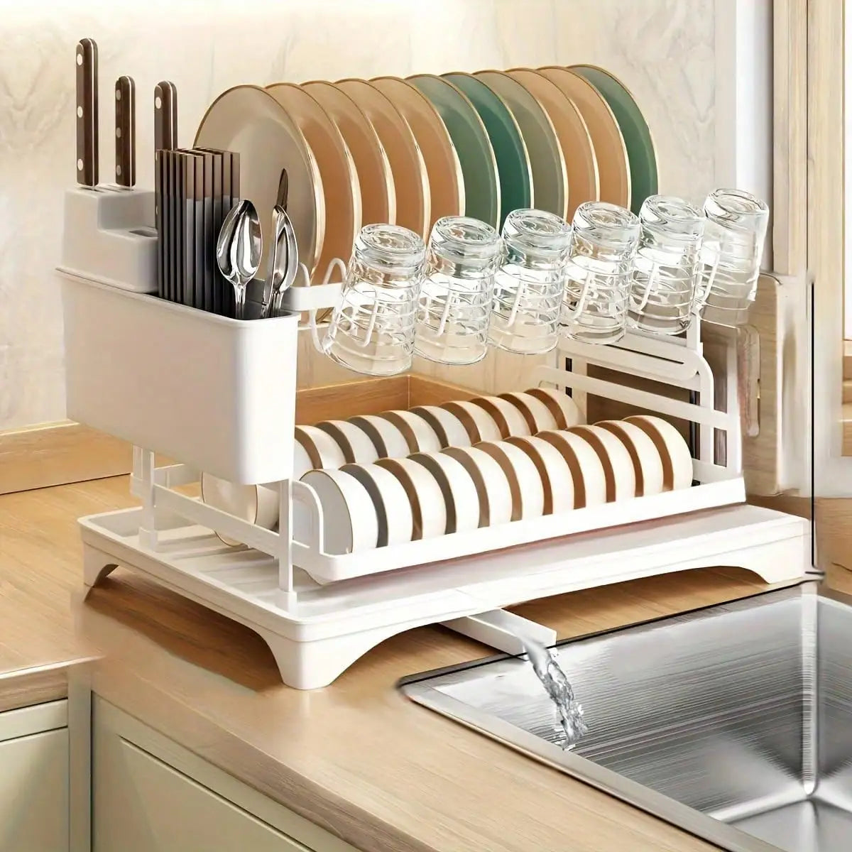 Stainless Steel Dish Drying Rack With Drainboard And Utensil Organizer
