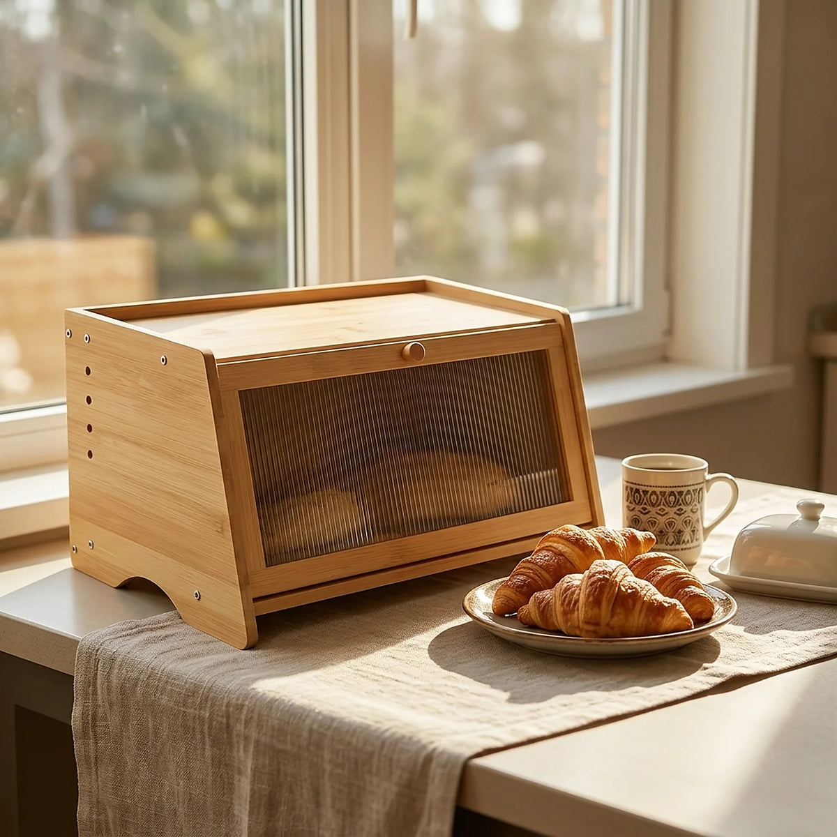 Single Tier Farmhouse Bamboo Bread Box for Kitchen Countertop