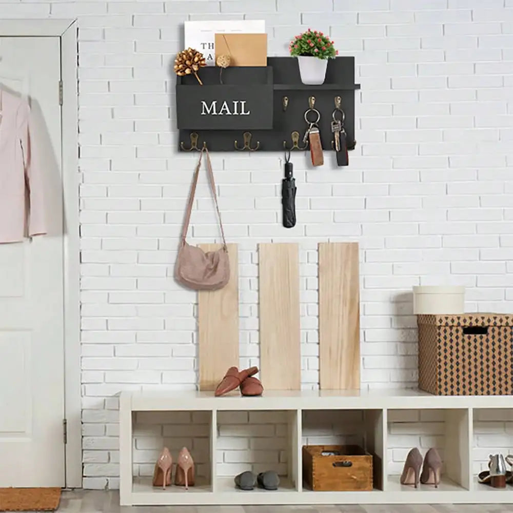 Wooden Wall Mount Key Holder With Storage Shelf And Hooks