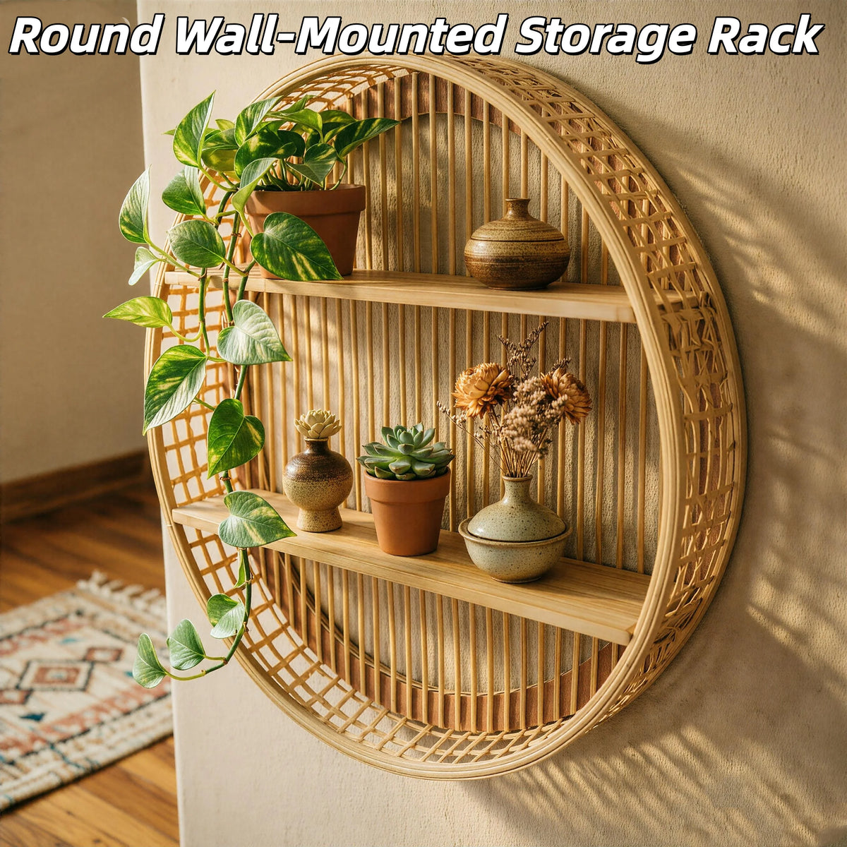 Round Two Tier Bamboo Wall Shelf For Home Display Storage