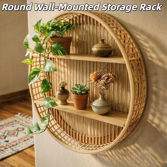 Round Two Tier Bamboo Wall Shelf For Home Display Storage