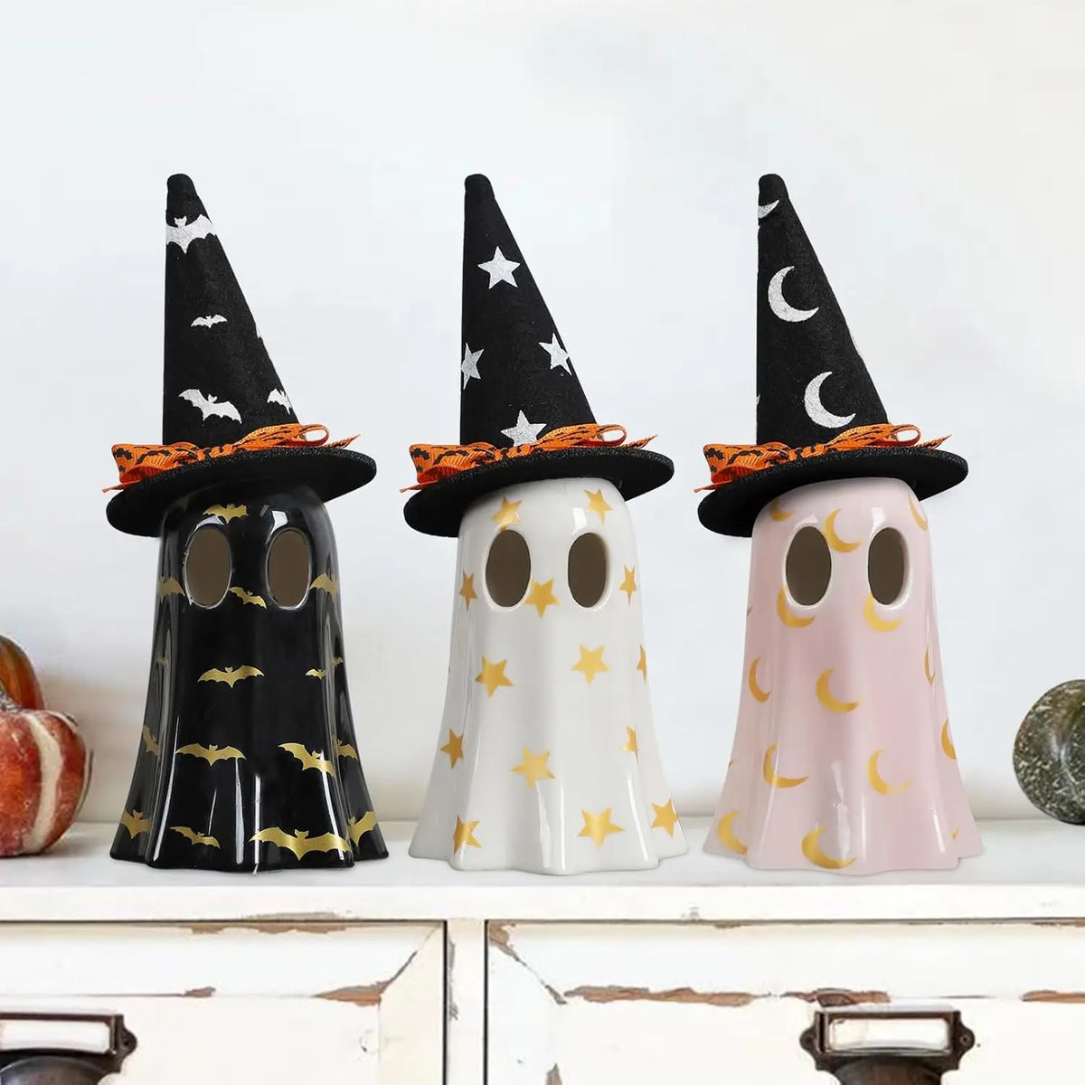 Ceramic Ghost Figurines With Witch Hats For Halloween Decor