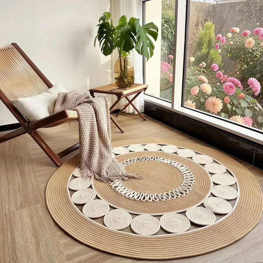 Handwoven Bamboo Fiber Area Rug With Boho Geometric Pattern