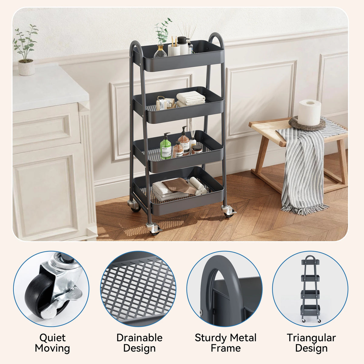 JHK Four Tier Metal Rolling Storage Cart With Lockable Wheels