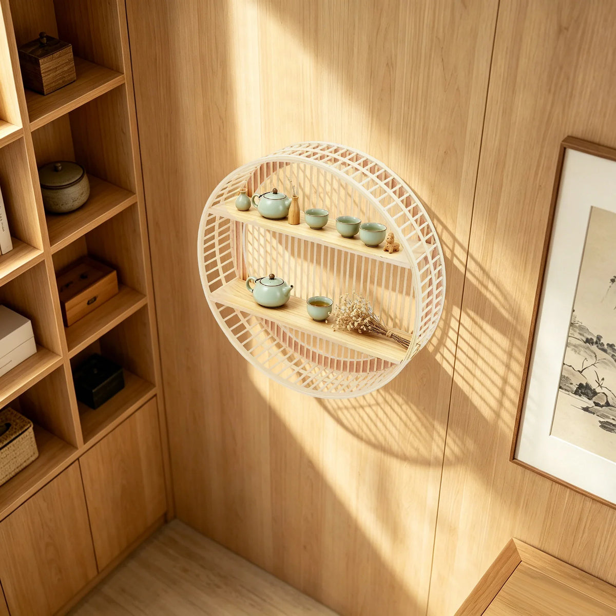 Round Two Tier Bamboo Wall Shelf For Home Display Storage