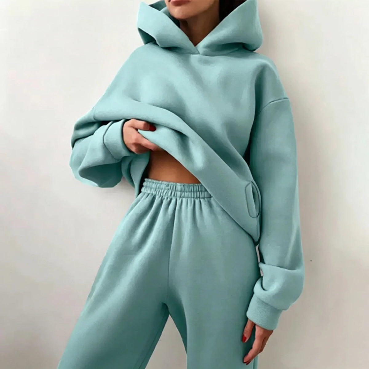 Womens Casual Fleece Hoodie And Long Pants Two Piece Set