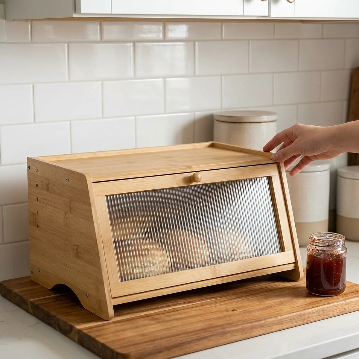 Single Tier Farmhouse Bamboo Bread Box for Kitchen Countertop