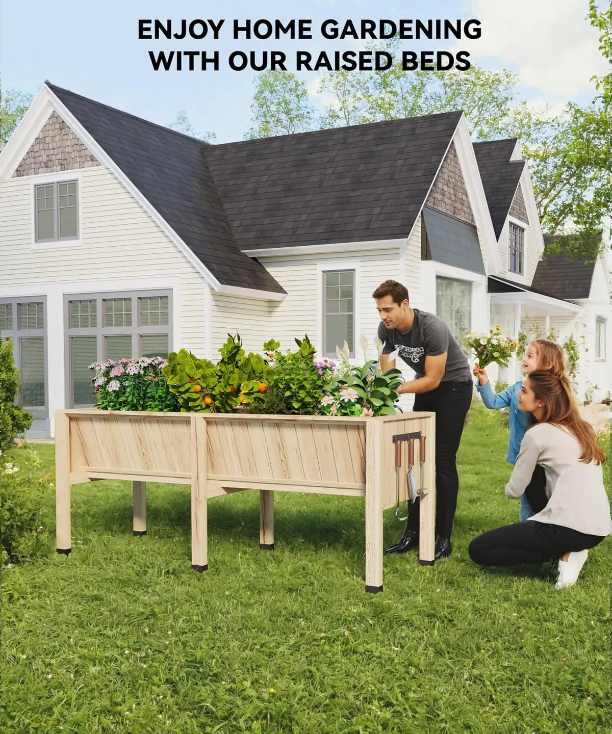 Wood Raised Garden Planter Box With Hooks For Home Gardening