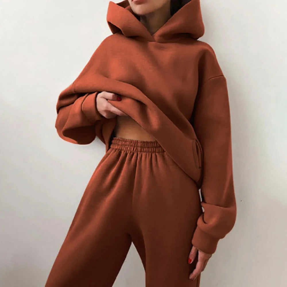Womens Casual Fleece Hoodie And Long Pants Two Piece Set