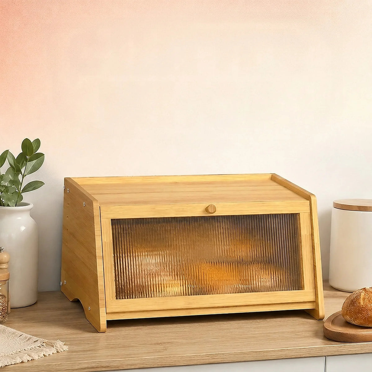 Single Tier Farmhouse Bamboo Bread Box for Kitchen Countertop