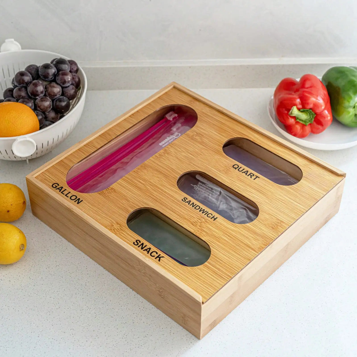 Bamboo Ziplock Bag Organizer With Sliding Lid For Kitchen Storage