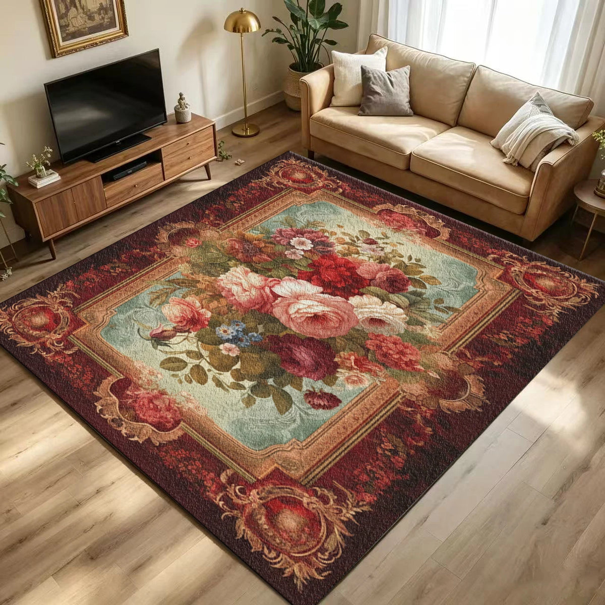 Vintage Victorian Rose Floral Non Slip Washable Area Rug