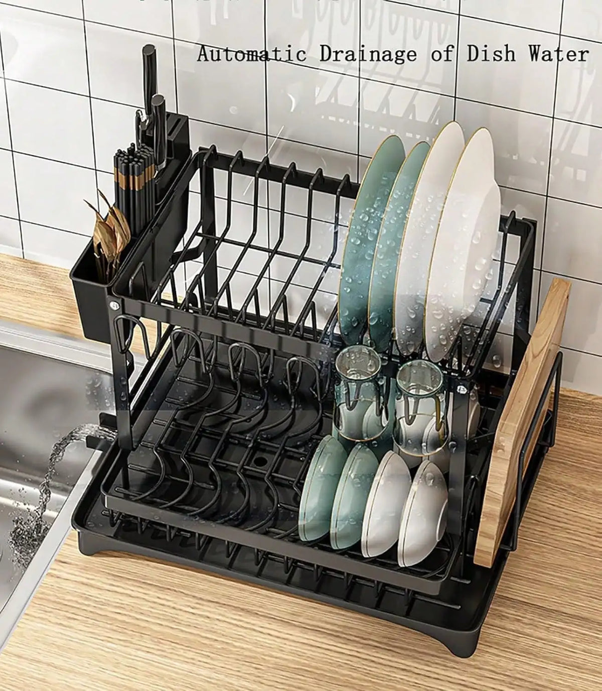 Stainless Steel Dish Drying Rack With Drainboard And Utensil Organizer