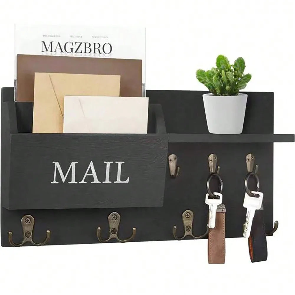 Wooden Wall Mount Key Holder With Storage Shelf And Hooks