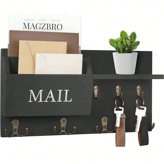 Wooden Wall Mount Key Holder With Storage Shelf And Hooks