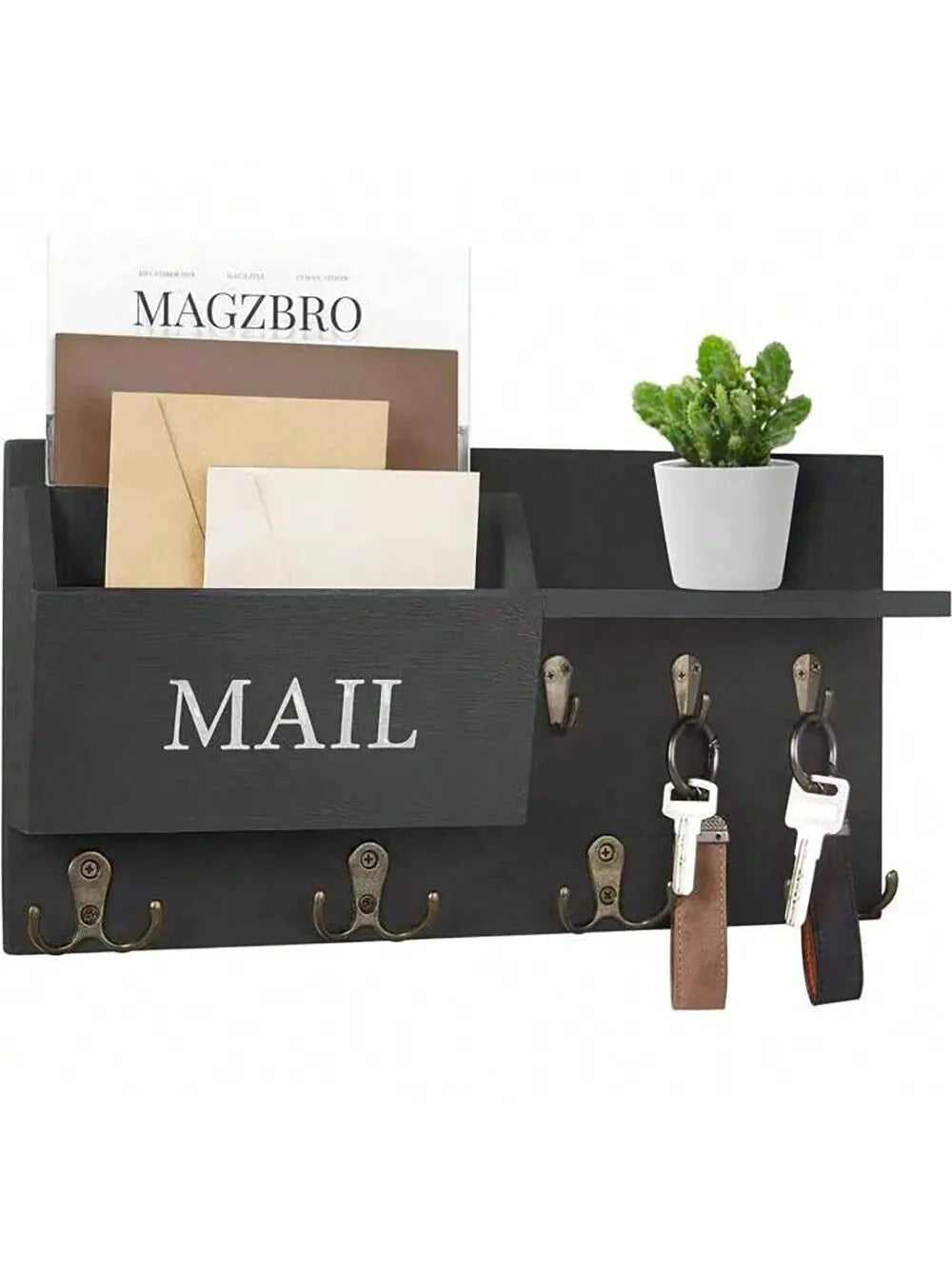 Wooden Wall Mount Key Holder With Storage Shelf And Hooks