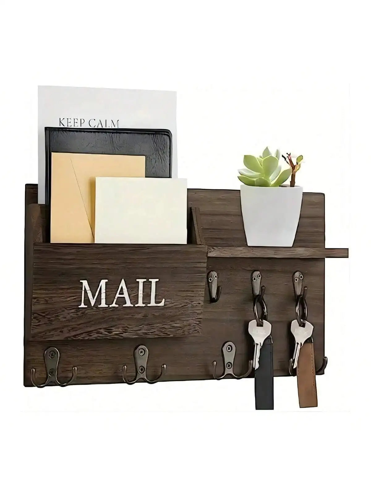 Wooden Wall Mount Key Holder With Storage Shelf And Hooks
