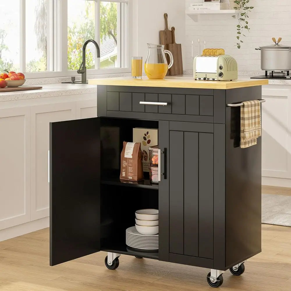 Rolling Kitchen Island Cart With Storage Cabinet And Towel Rack