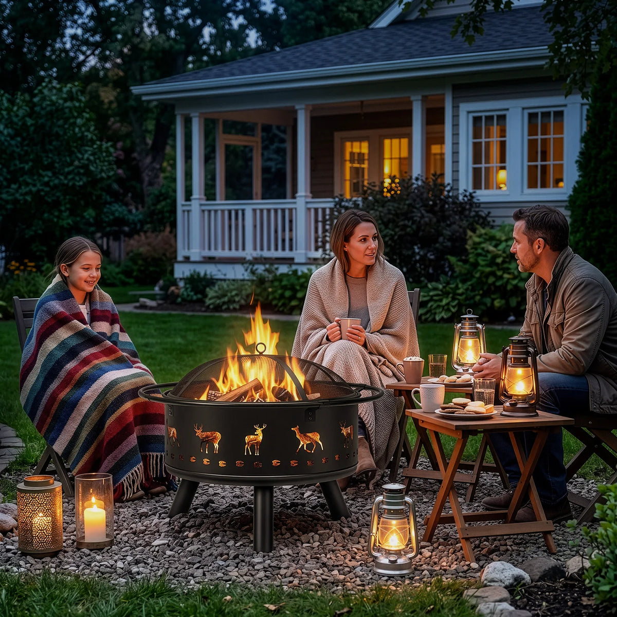 Outdoor Wood Burning Fire Pit With Hinged Spark Screen Lid