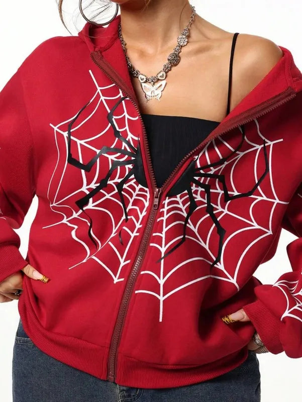 Spider Web Print Unisex Zip Up Hoodie Soft Casual Knit