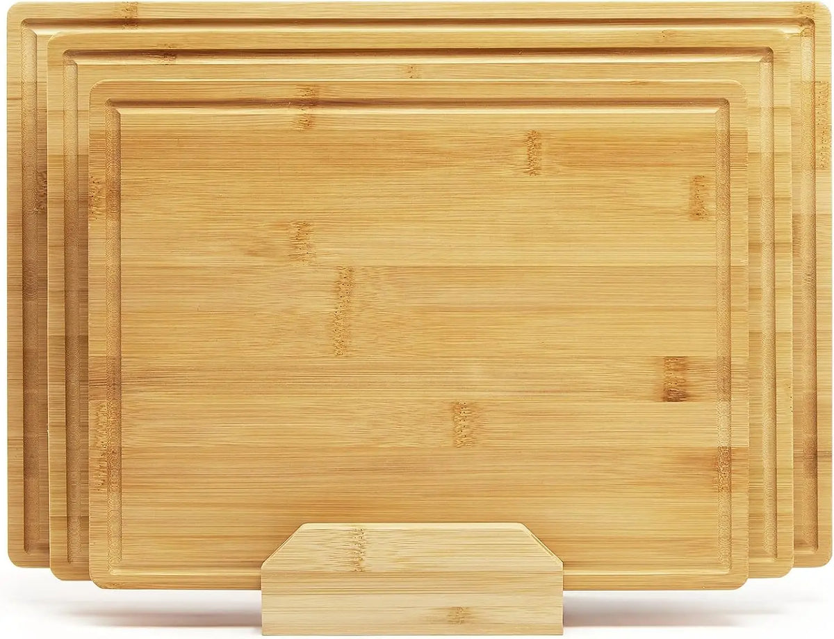 Natural Bamboo Cutting Boards Set With Juice Grooves And Stand