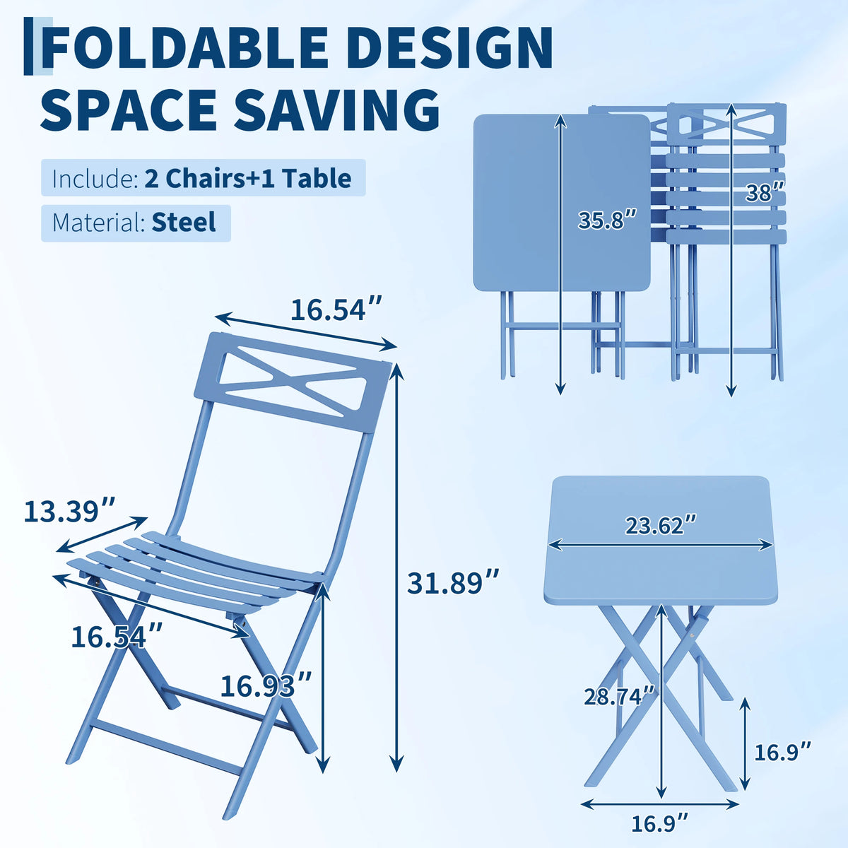 GarveeLife Folding Patio Bistro Set With Table And Two Chairs